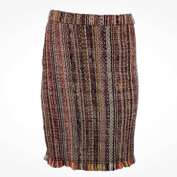 Anthropologie Sz 2 Tweed Fringe Hem Pencil Skirt Multicolor Cotton Acrylic - Picture 1 of 9